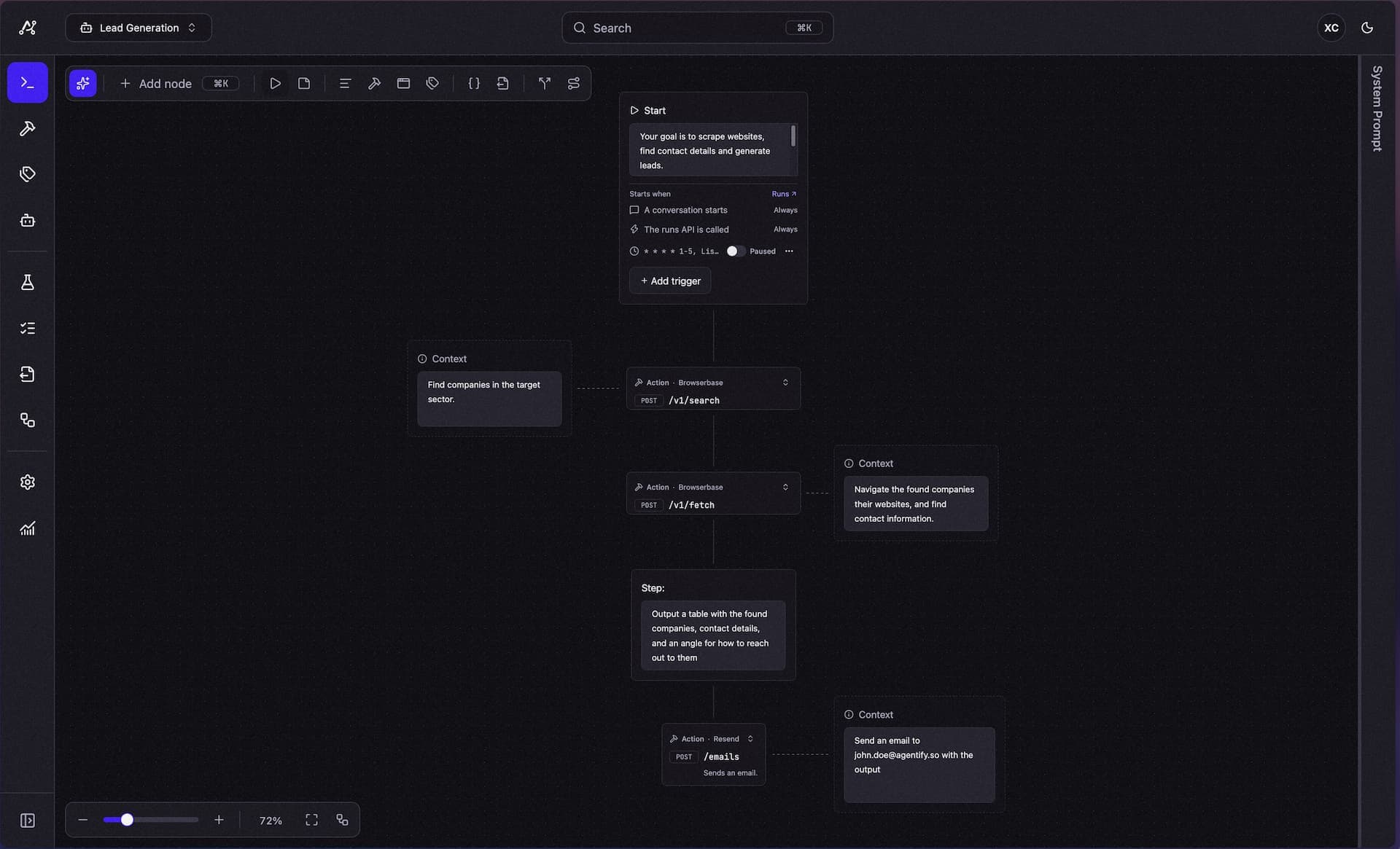 Agentify's flow builder showing a lead-generation agent: a start node and steps wired to Browserbase tools, with context notes alongside.